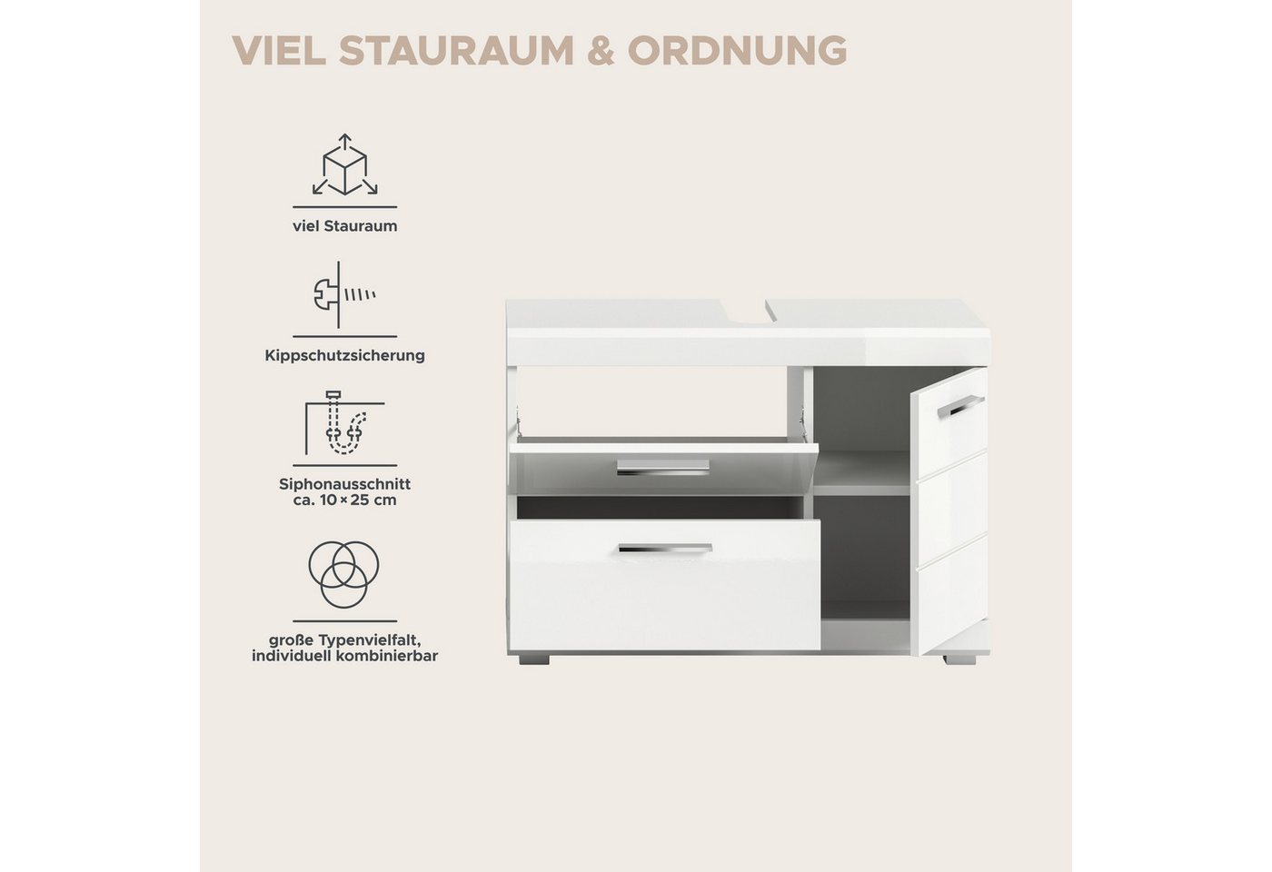welltime Waschbeckenunterschrank SIENA, Breite 80cm, 1 Tür, 1 Schubkasten, 1 Klappe, 2 Fächer,MDF-Front (TOPSELLER!, mit Siphonausschnitt 10x25 cm) WBU, Badmöbel, Badschrank, Kommode, Unterschrank, Bad, Badezimmer Bild 3