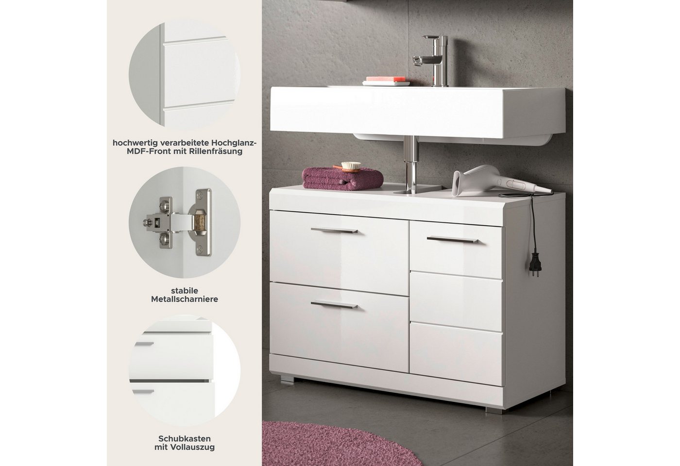 welltime Waschbeckenunterschrank SIENA, Breite 80cm, 1 Tür, 1 Schubkasten, 1 Klappe, 2 Fächer,MDF-Front (TOPSELLER!, mit Siphonausschnitt 10x25 cm) WBU, Badmöbel, Badschrank, Kommode, Unterschrank, Bad, Badezimmer Bild 4