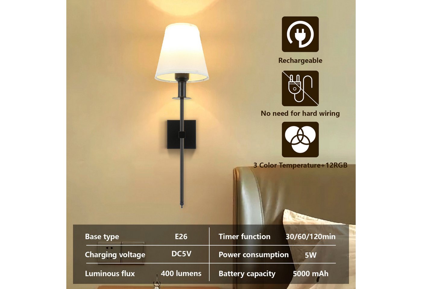 POPOLIC Wandleuchte Aufladbare Wandleuchten, Set mit 2 kabellosen Wandlampen, dimmbare, für Schlafzimmer, mit Fernbedienung, 12 RGB Farben, Timer-Funktion