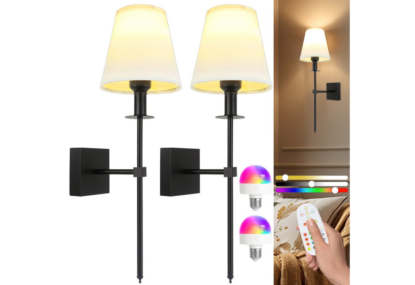 POPOLIC Wandleuchte Aufladbare Wandleuchten, Set mit 2 kabellosen Wandlampen, dimmbare, für Schlafzimmer, mit Fernbedienung, 12 RGB Farben, Timer-Funktion Bild 3