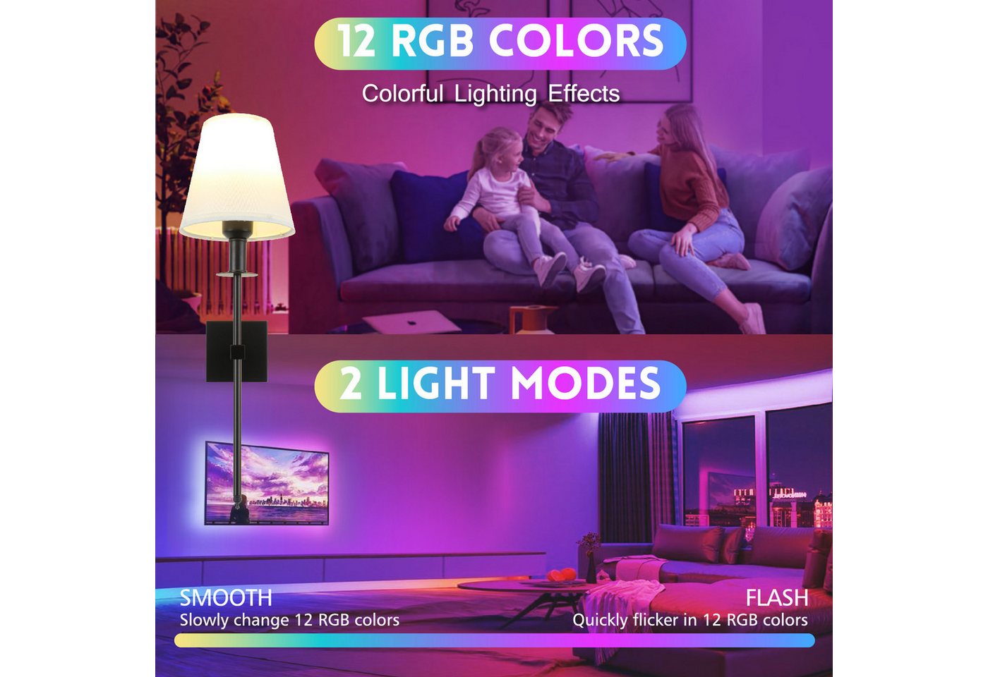 POPOLIC Wandleuchte Aufladbare Wandleuchten, Set mit 2 kabellosen Wandlampen, dimmbare, für Schlafzimmer, mit Fernbedienung, 12 RGB Farben, Timer-Funktion Bild 4