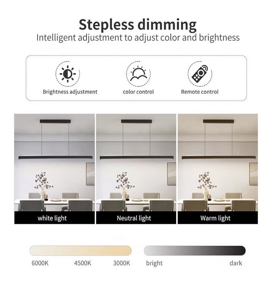 SenFay LED Pendelleuchte 120 cm linear, dimmbar & höhenverstellbar mit Fernbedienung, LED fest integriert, Extra-Warmweiß, Neutralweiß, Kaltweiß Bild 4