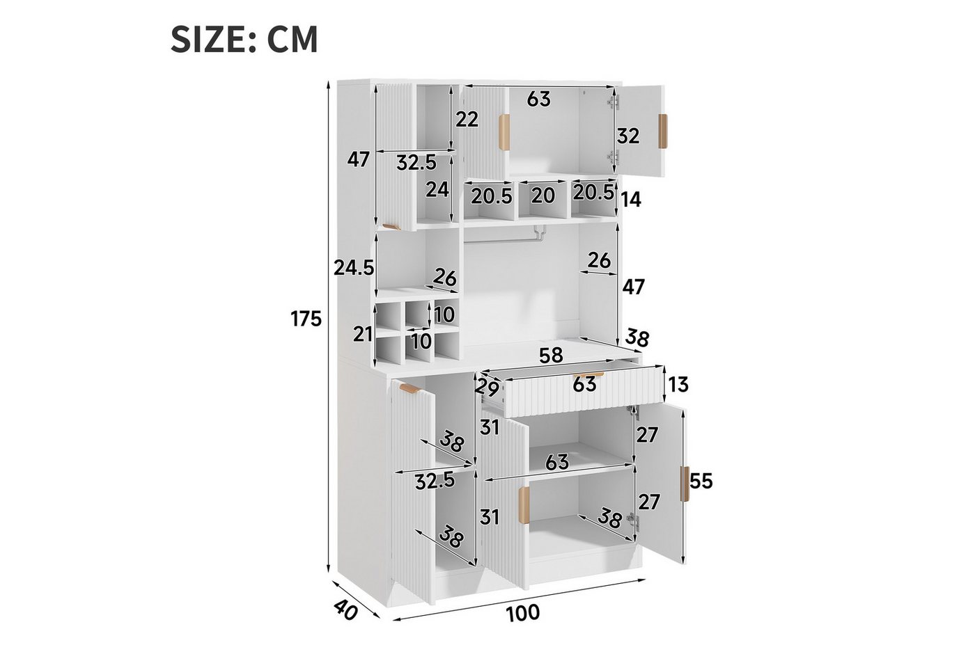 Flieks Küchenbuffet Hochschrank mit Steckdosen, Gläserhalter und Weinregal (100x40x175 cm, 1-St) Küchenschrank Mehrzweckschrank mit verstellbarer Einlegeböden Weiß