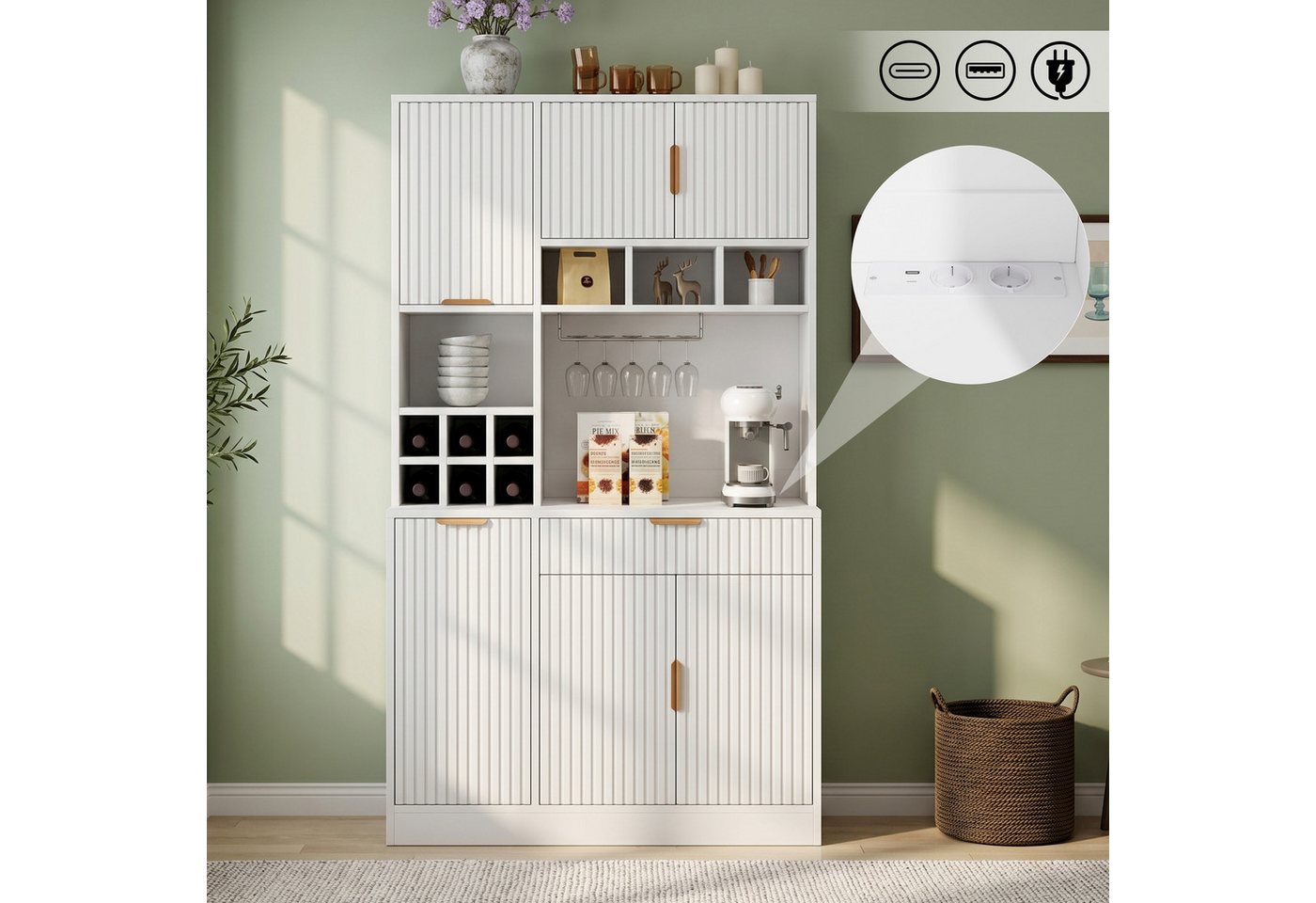 Flieks Küchenbuffet Hochschrank mit Steckdosen, Gläserhalter und Weinregal (100x40x175 cm, 1-St) Küchenschrank Mehrzweckschrank mit verstellbarer Einlegeböden Weiß Bild 2