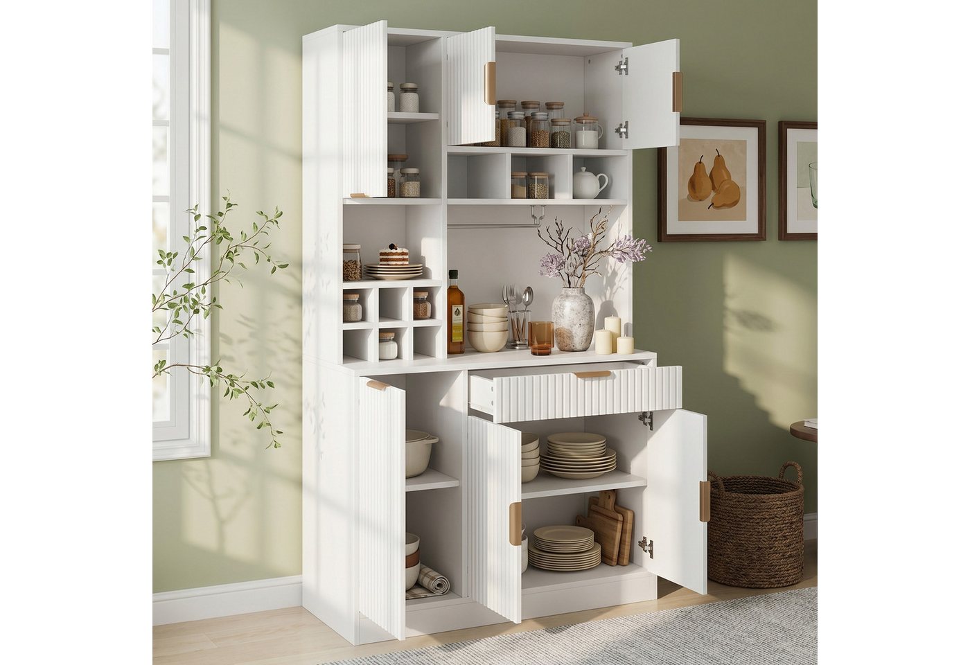 Flieks Küchenbuffet Hochschrank mit Steckdosen, Gläserhalter und Weinregal (100x40x175 cm, 1-St) Küchenschrank Mehrzweckschrank mit verstellbarer Einlegeböden Weiß Bild 3