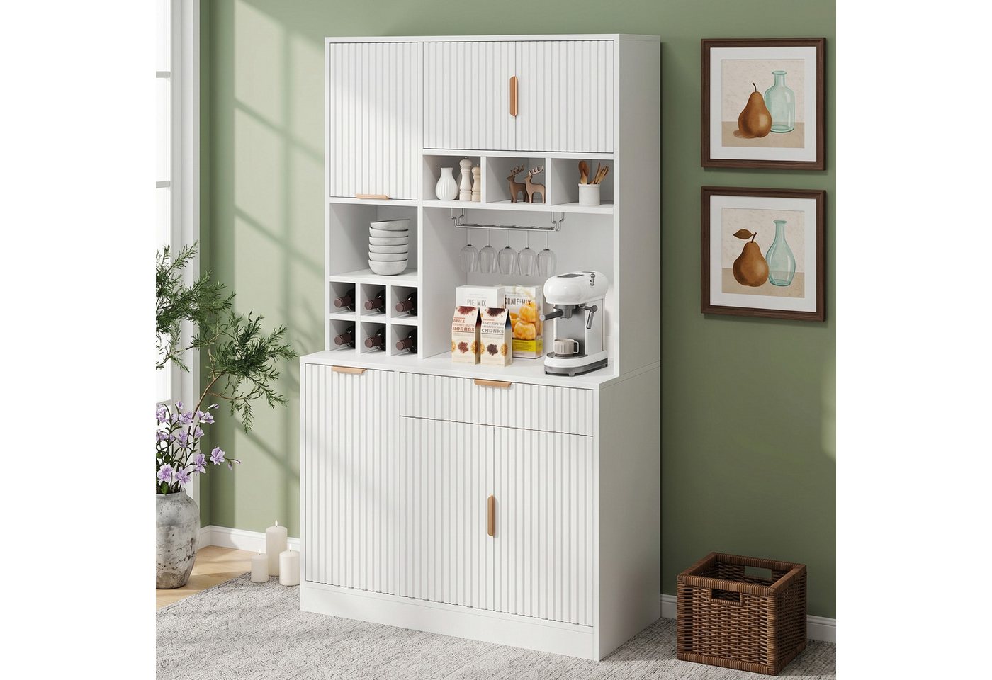 Flieks Küchenbuffet Hochschrank mit Steckdosen, Gläserhalter und Weinregal (100x40x175 cm, 1-St) Küchenschrank Mehrzweckschrank mit verstellbarer Einlegeböden Weiß Bild 5