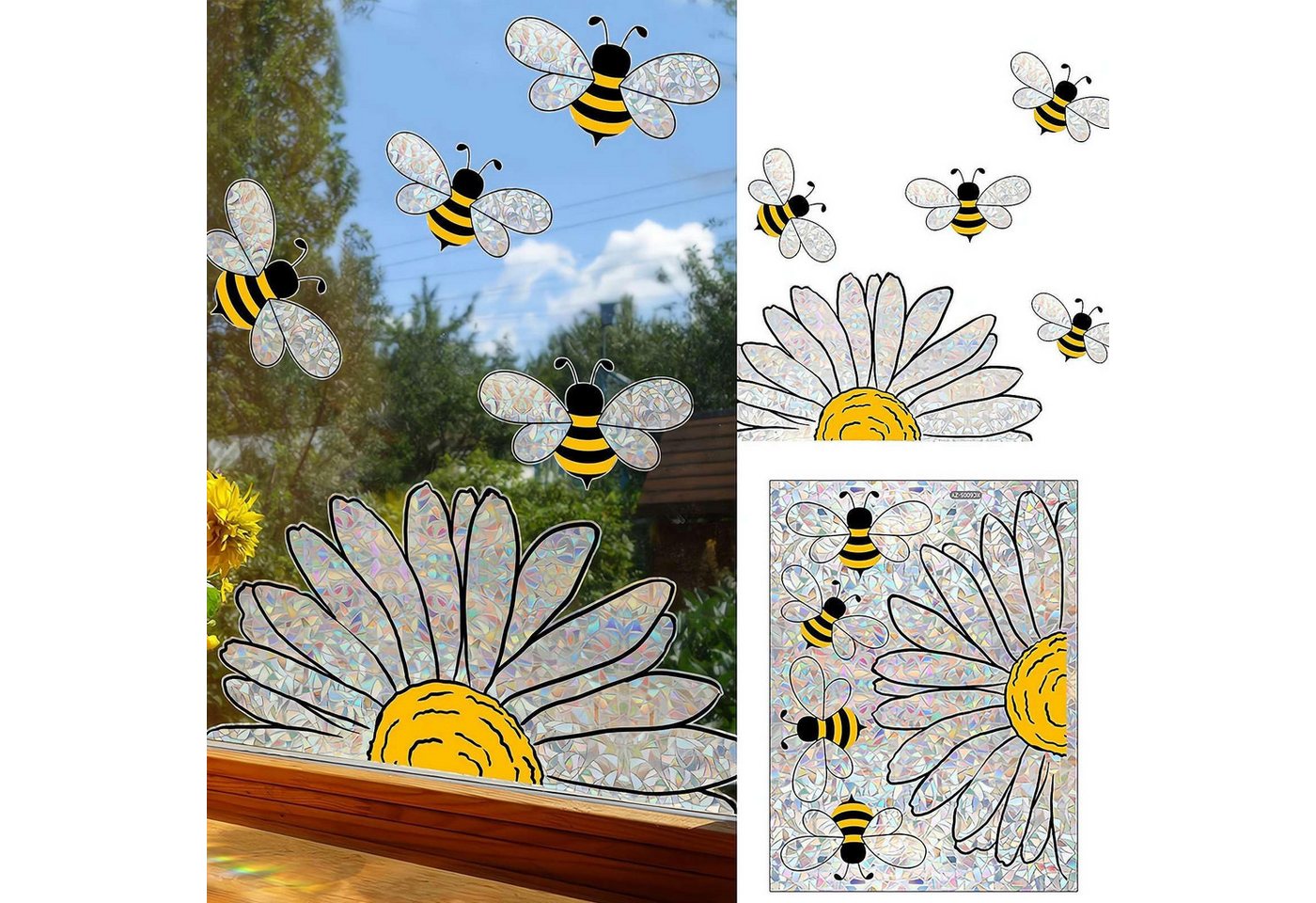 MOPUEA Fenstersticker Doppelseitige Fensteraufkleber Bienen Blumen Fensterdeko, Doppelseitig sichtbar wiederverwendbar ohne Kleber