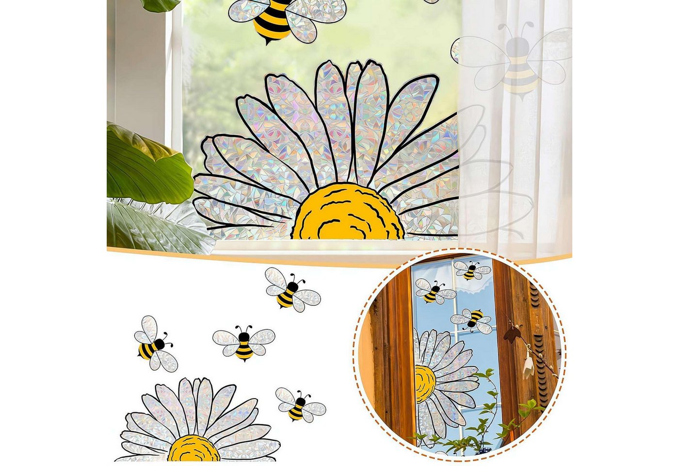MOPUEA Fenstersticker Doppelseitige Fensteraufkleber Bienen Blumen Fensterdeko, Doppelseitig sichtbar wiederverwendbar ohne Kleber Bild 2