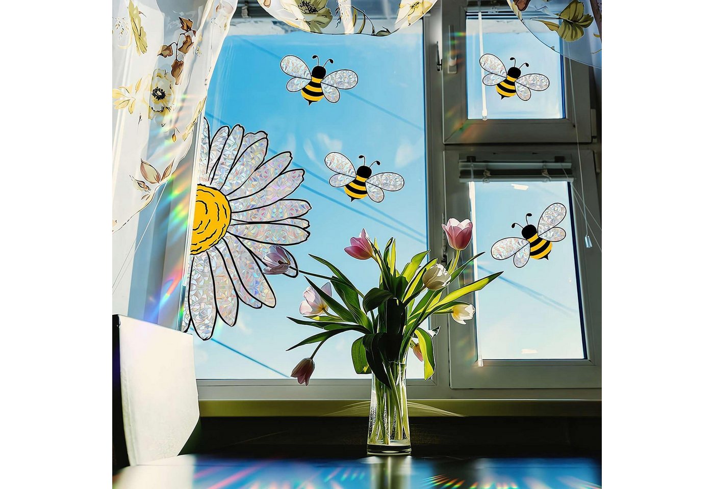 MOPUEA Fenstersticker Doppelseitige Fensteraufkleber Bienen Blumen Fensterdeko, Doppelseitig sichtbar wiederverwendbar ohne Kleber Bild 3