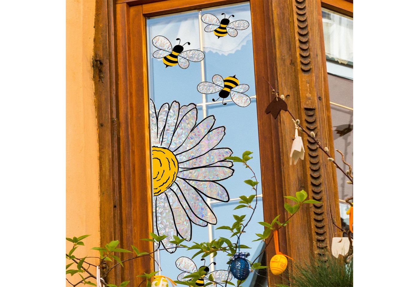 MOPUEA Fenstersticker Doppelseitige Fensteraufkleber Bienen Blumen Fensterdeko, Doppelseitig sichtbar wiederverwendbar ohne Kleber Bild 4