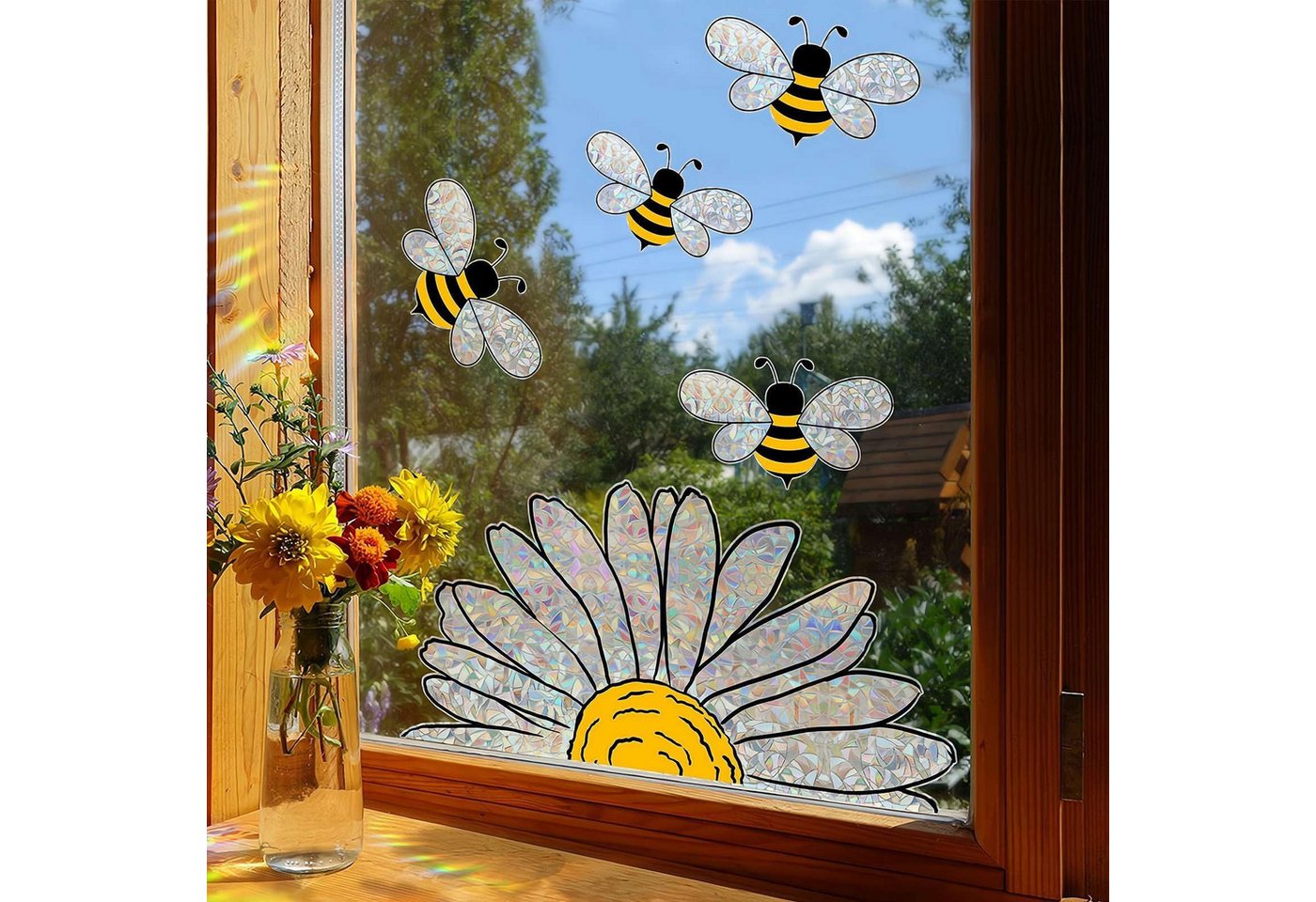MOPUEA Fenstersticker Doppelseitige Fensteraufkleber Bienen Blumen Fensterdeko, Doppelseitig sichtbar wiederverwendbar ohne Kleber Bild 5