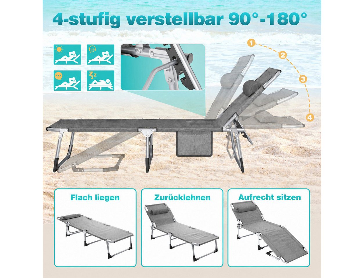 Ferghana Gartenliege Sonnenliege, Dein Sommerbegleiter, Klappbare Gartenliege mit Dach, Kopfstütze & Seitentasche & Trageschlaufen, 4 Positionen, extra breit B68 x L194 x H30 cm, Liegestuhl aus Metall Bild 3