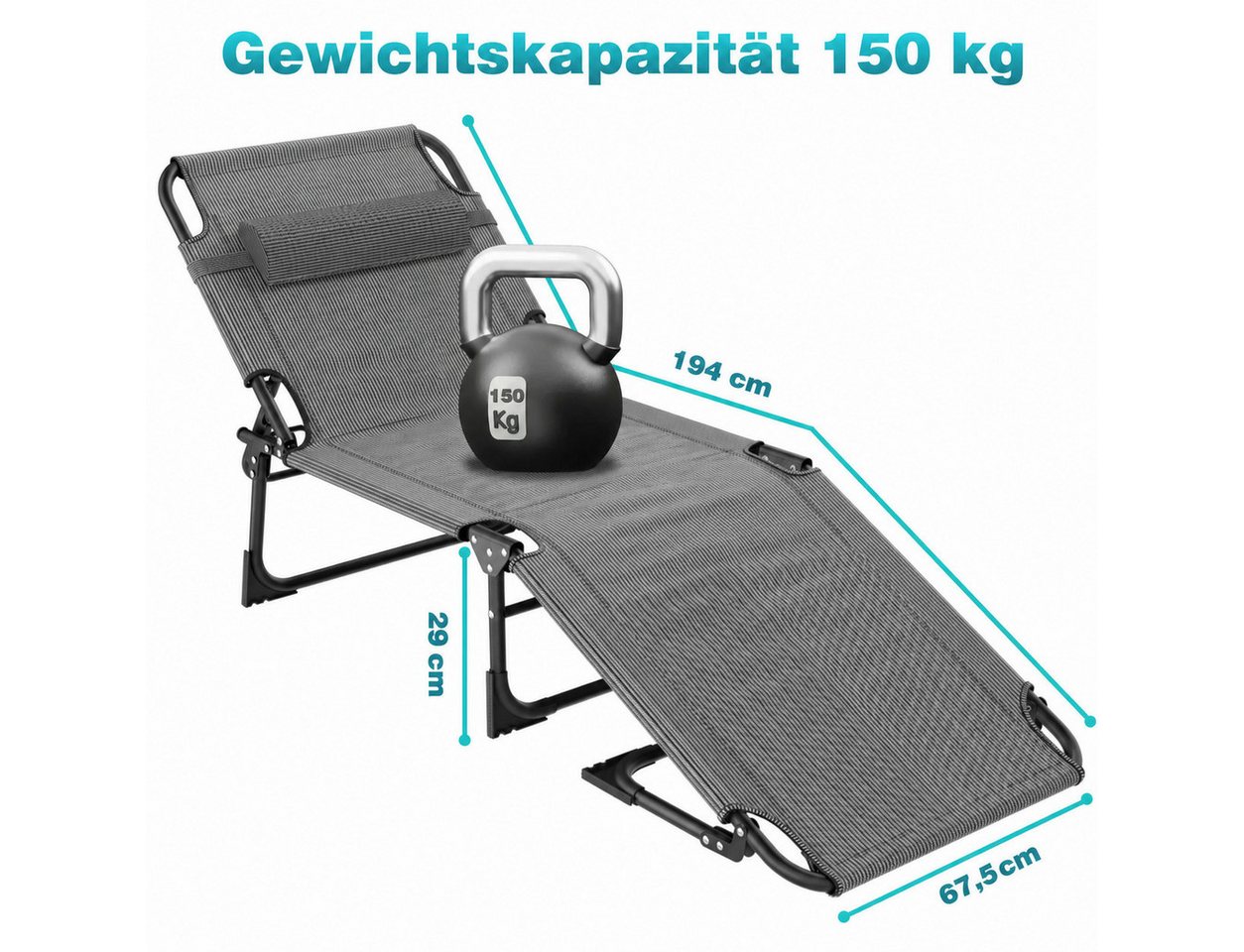 Ferghana Gartenliege Sonnenliege, Dein Sommerbegleiter, Klappbare Gartenliege mit Dach, Kopfstütze & Seitentasche & Trageschlaufen, 4 Positionen, extra breit B68 x L194 x H30 cm, Liegestuhl aus Metall Bild 4