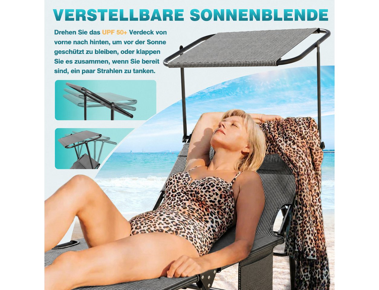 Ferghana Gartenliege Sonnenliege, Dein Sommerbegleiter, Klappbare Gartenliege mit Dach, Kopfstütze & Seitentasche & Trageschlaufen, 4 Positionen, extra breit B68 x L194 x H30 cm, Liegestuhl aus Metall Bild 5