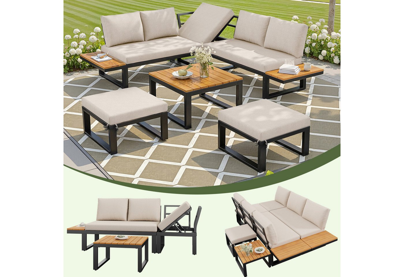 MC Star Gartenlounge-Set 6-teiliges Gartenlounge-Set mit verstellbarer Rückenlehne, Ecksofa, (mit Couchtisch & Hockern, wetterfestes Stahlgestell, Sitzkissen in Grau/Beige, Outdoor Lounge für Balkon & Terrasse)