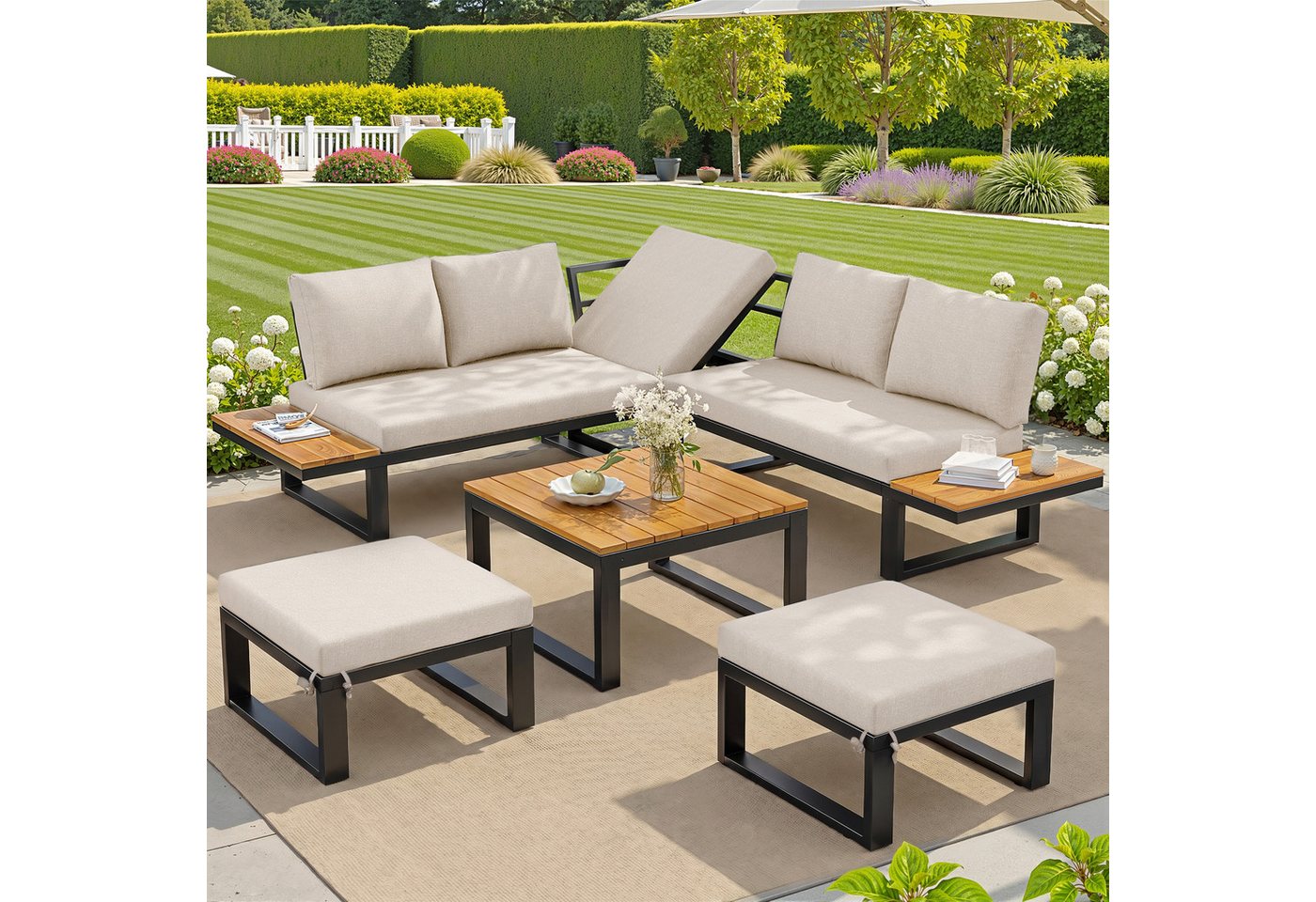 MC Star Gartenlounge-Set 6-teiliges Gartenlounge-Set mit verstellbarer Rückenlehne, Ecksofa, (mit Couchtisch & Hockern, wetterfestes Stahlgestell, Sitzkissen in Grau/Beige, Outdoor Lounge für Balkon & Terrasse) Bild 2