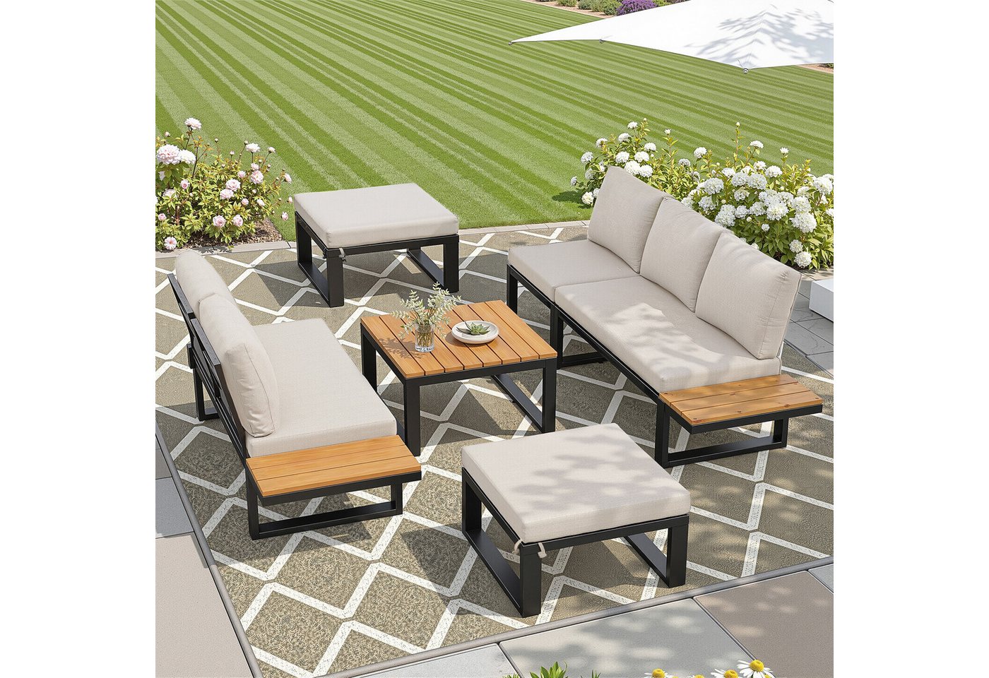 MC Star Gartenlounge-Set 6-teiliges Gartenlounge-Set mit verstellbarer Rückenlehne, Ecksofa, (mit Couchtisch & Hockern, wetterfestes Stahlgestell, Sitzkissen in Grau/Beige, Outdoor Lounge für Balkon & Terrasse) Bild 3