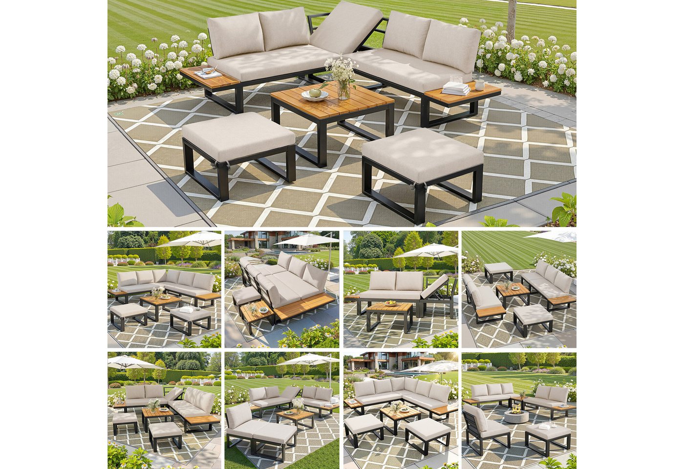 MC Star Gartenlounge-Set 6-teiliges Gartenlounge-Set mit verstellbarer Rückenlehne, Ecksofa, (mit Couchtisch & Hockern, wetterfestes Stahlgestell, Sitzkissen in Grau/Beige, Outdoor Lounge für Balkon & Terrasse) Bild 4