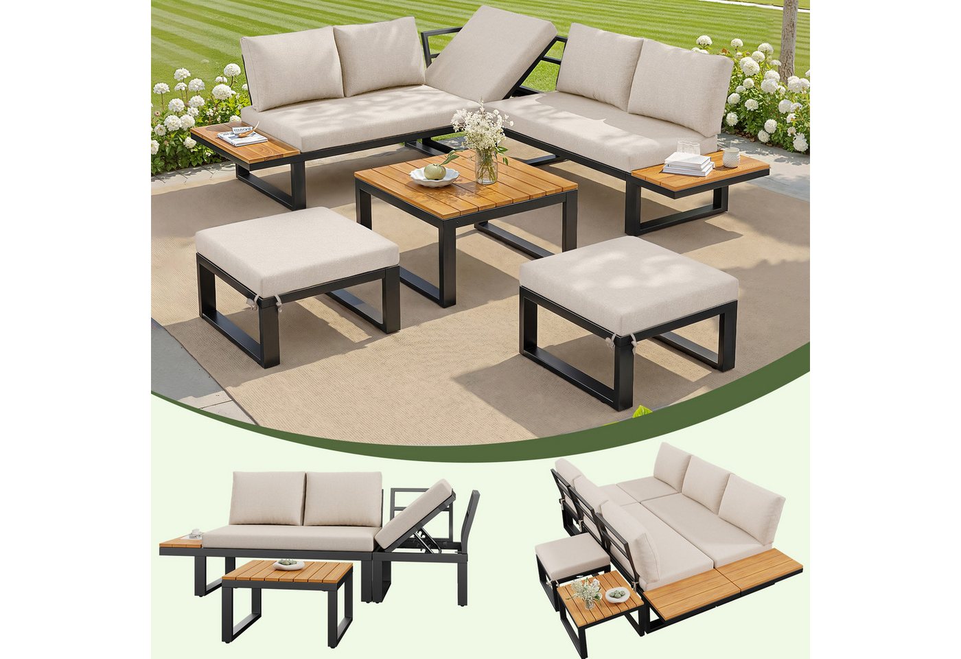 MC Star Gartenlounge-Set 6-teiliges Gartenlounge-Set mit verstellbarer Rückenlehne, Ecksofa, (mit Couchtisch & Hockern, wetterfestes Stahlgestell, Sitzkissen in Grau/Beige, Outdoor Lounge für Balkon & Terrasse) Bild 5