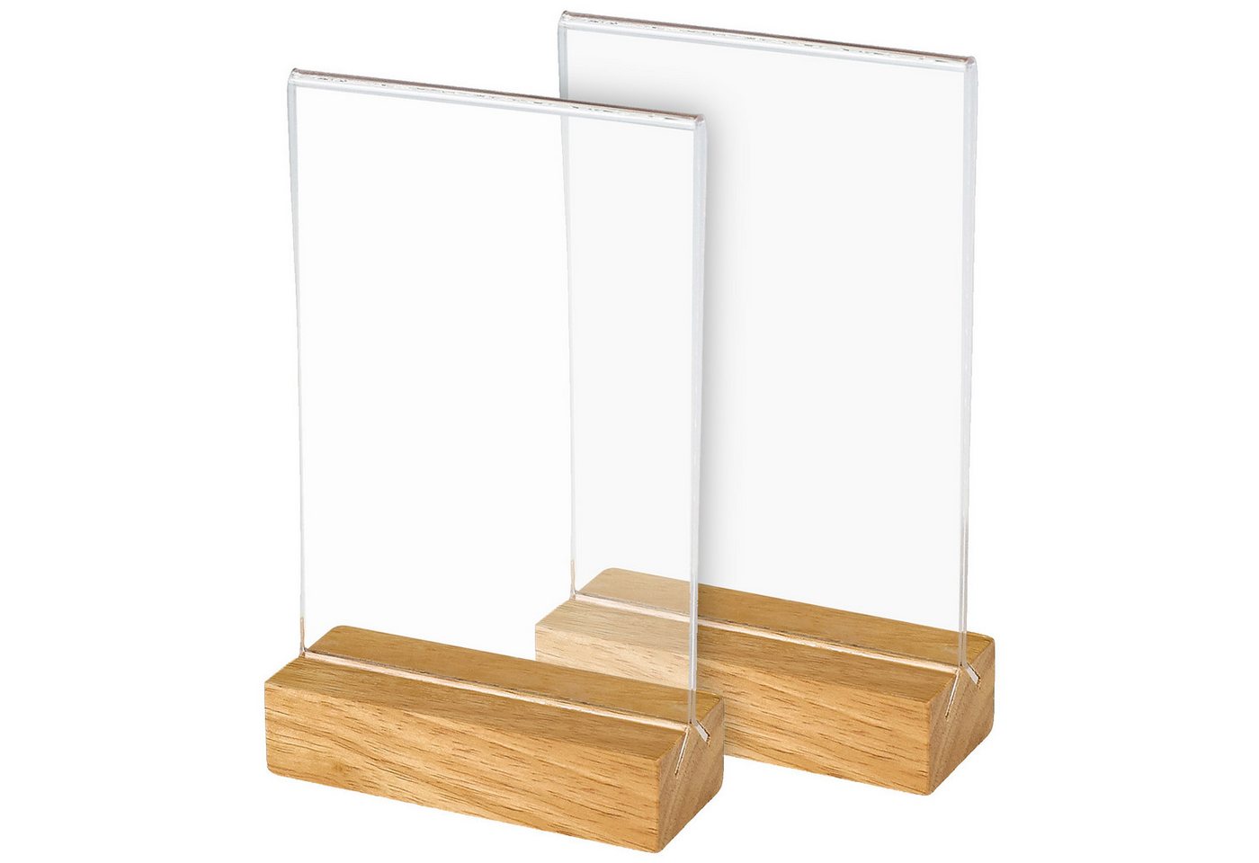 HMF Einzelrahmen Acryl Tischaufsteller im DIN A6 Hochformat, (2 St), Tischkartenhalter mit massivem Holzfuß aus Eiche T-Aufsteller Glasklar