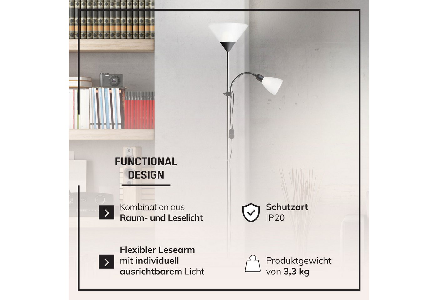 Lightbox Stehlampe, ohne Leuchtmittel, Schlichter Deckenfluter mit Lesearm, H 180 cm, E27/E14 max. 60W/25W