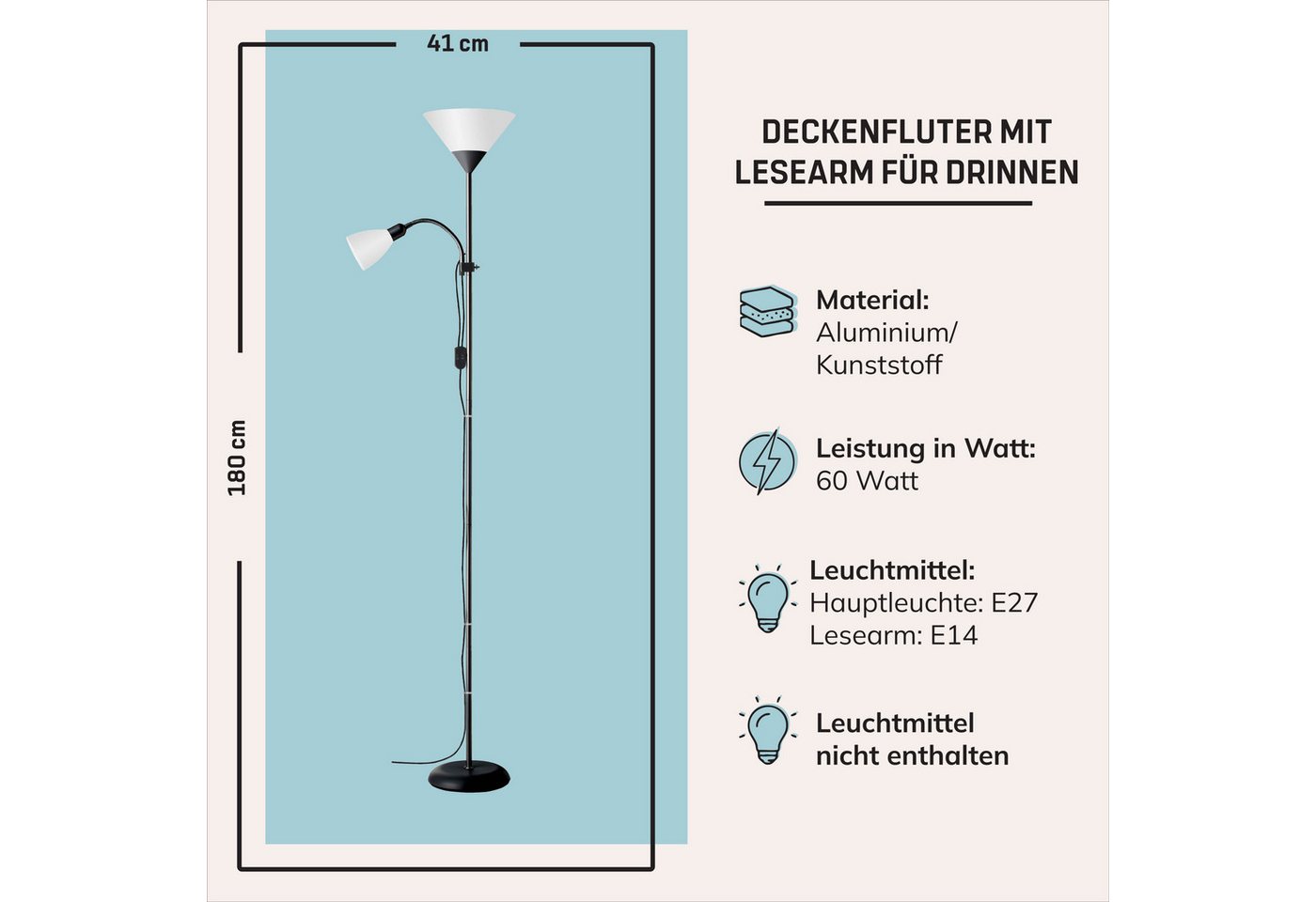 Lightbox Stehlampe, ohne Leuchtmittel, Schlichter Deckenfluter mit Lesearm, H 180 cm, E27/E14 max. 60W/25W Bild 3