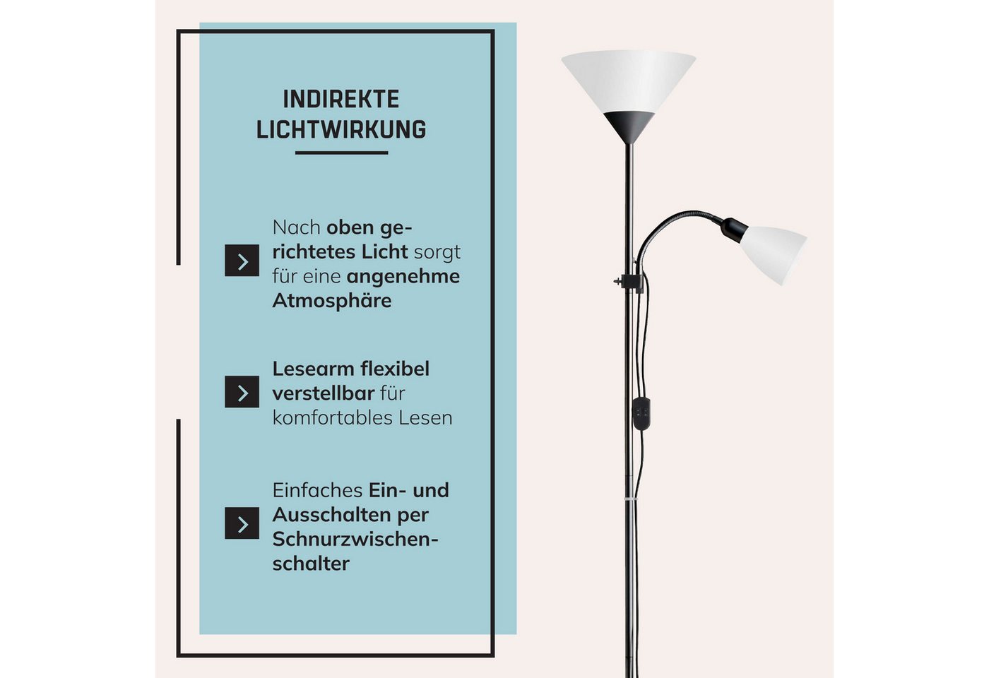 Lightbox Stehlampe, ohne Leuchtmittel, Schlichter Deckenfluter mit Lesearm, H 180 cm, E27/E14 max. 60W/25W Bild 4