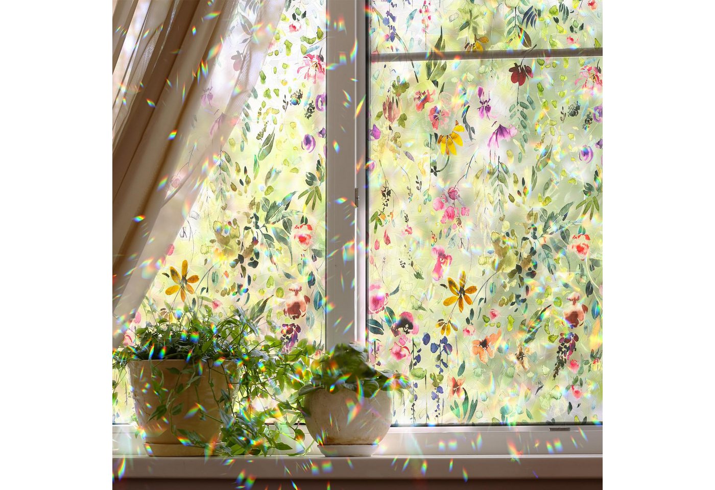Diwzbyn Fensterfolie Statisch haftende Fensterfolie mit Blumenmuster, Selbstklebende Deko-Folie für Glas (ohne Klebstoff)