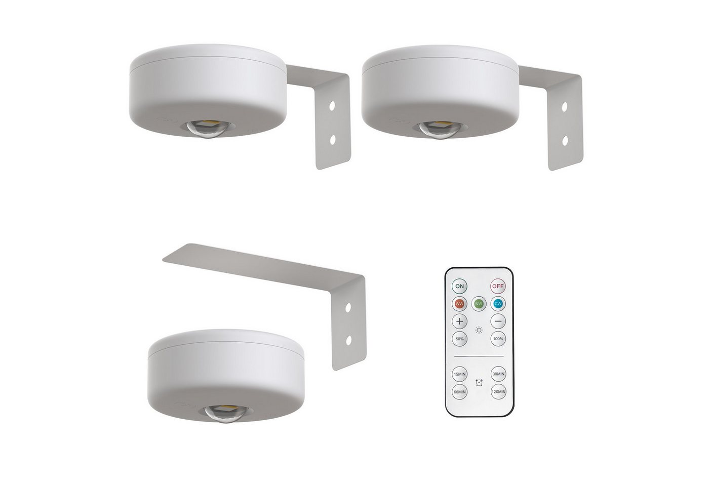 LOHAS-LED Wandleuchte 3er-Set LED Scheibenlampen batteriebetrieben mit Fernbedienung, LED fest integriert, Warmweiß, Tageslicht, Kaltweiß, 3000K/4500K/6000K dimmbar für Bilder & Schränke