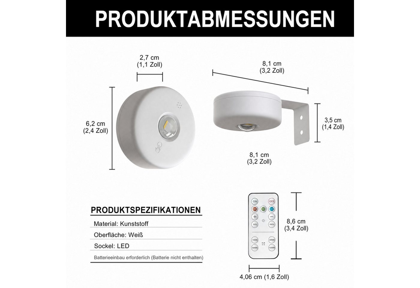 LOHAS-LED Wandleuchte 3er-Set LED Scheibenlampen batteriebetrieben mit Fernbedienung, LED fest integriert, Warmweiß, Tageslicht, Kaltweiß, 3000K/4500K/6000K dimmbar für Bilder & Schränke Bild 2