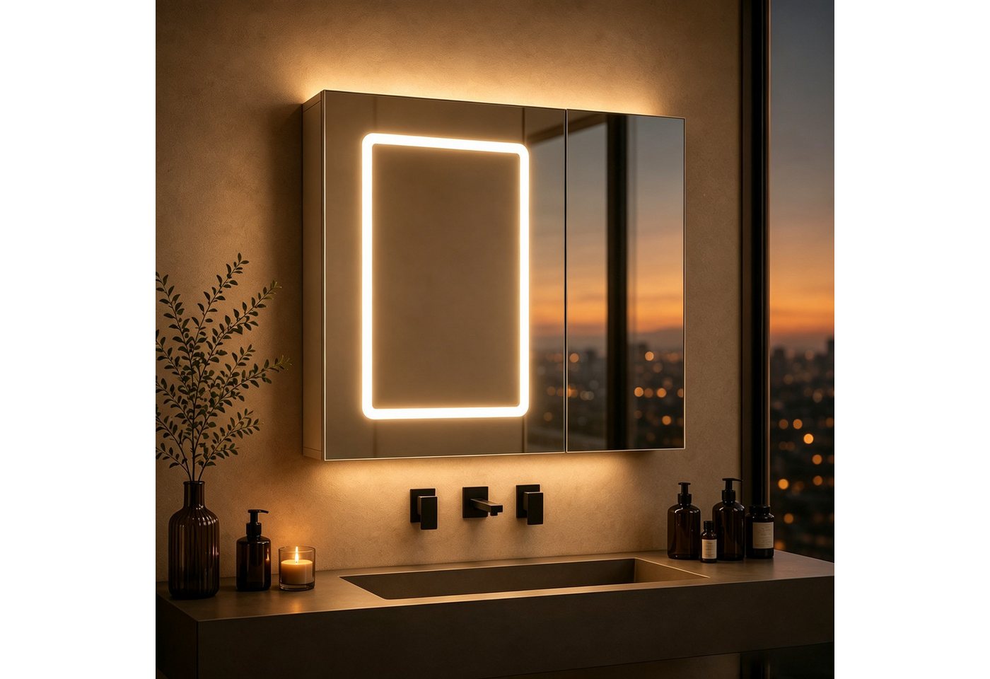 Simurq Badezimmerspiegelschrank Spiegelschrank mit Beleuchtung, Anti-Beschlag, 2 Türen (Einzelartikel, 1-St., 1 Badspiegelschrank) 3 Lichtfarben, Anti-Beschlag, doppelseitiger Innenspiegel Bild 2