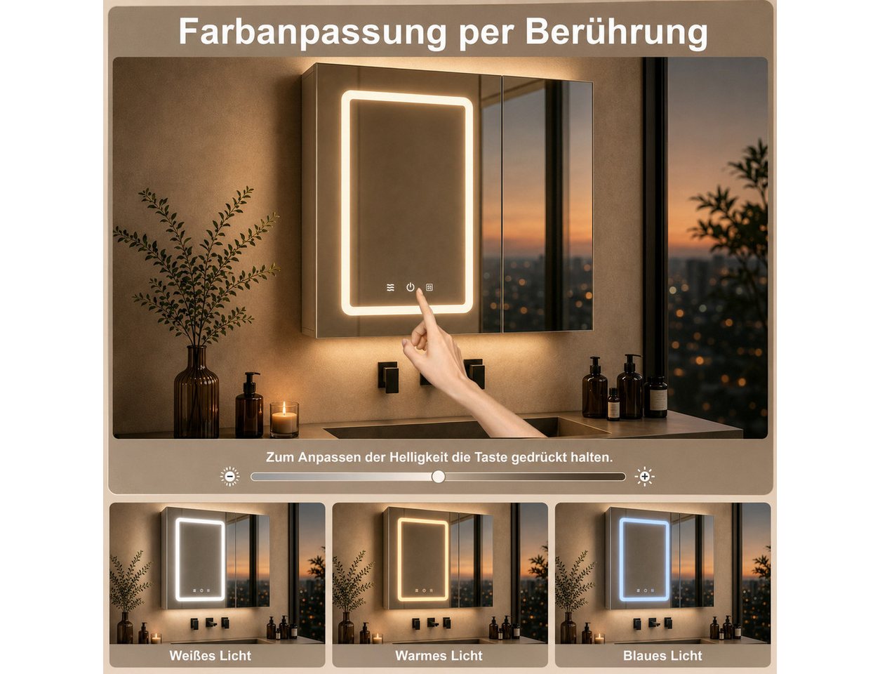 Simurq Badezimmerspiegelschrank Spiegelschrank mit Beleuchtung, Anti-Beschlag, 2 Türen (Einzelartikel, 1-St., 1 Badspiegelschrank) 3 Lichtfarben, Anti-Beschlag, doppelseitiger Innenspiegel Bild 3