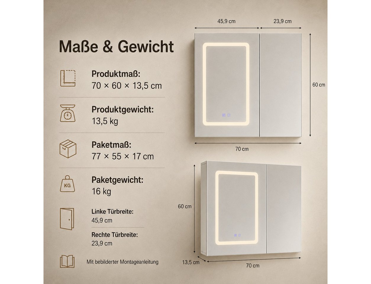 Simurq Badezimmerspiegelschrank Spiegelschrank mit Beleuchtung, Anti-Beschlag, 2 Türen (Einzelartikel, 1-St., 1 Badspiegelschrank) 3 Lichtfarben, Anti-Beschlag, doppelseitiger Innenspiegel Bild 4