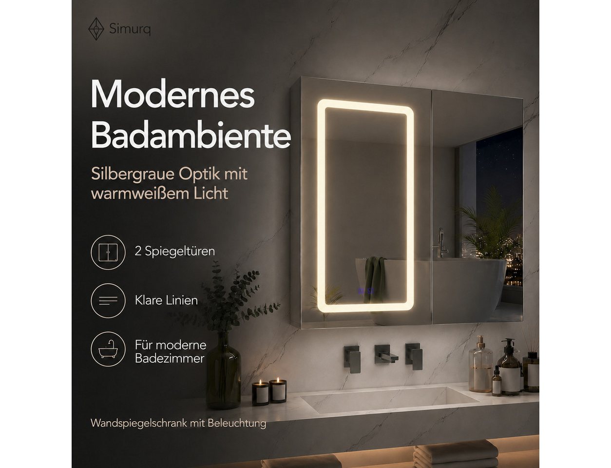 Simurq Badezimmerspiegelschrank Spiegelschrank mit Beleuchtung, Anti-Beschlag, 2 Türen (Einzelartikel, 1-St., 1 Badspiegelschrank) 3 Lichtfarben, Anti-Beschlag, doppelseitiger Innenspiegel Bild 5