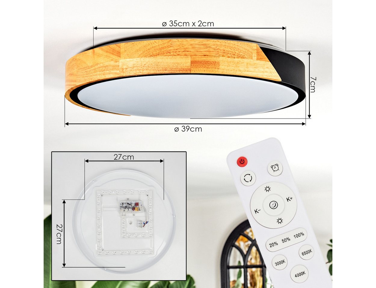 hofstein Deckenleuchte Deckenlampe aus Metall/Holz/Kunststoff in Natur/Schwarz/Weiß, ohne Leuchtmittel, Leuchte im moderne Design (39 cm), CCT einstellbar, Fernbedienung