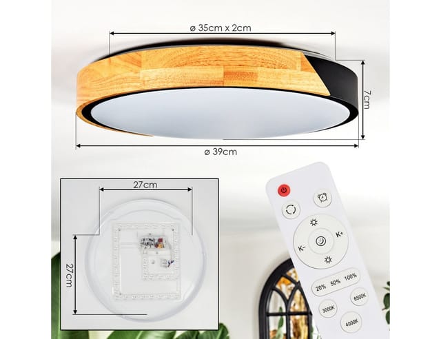 hofstein Deckenleuchte Deckenlampe aus Metall/Holz/Kunststoff in Natur/Schwarz/Weiß, ohne Leuchtmittel, Leuchte im moderne Design (39 cm), CCT einstellbar, Fernbedienung