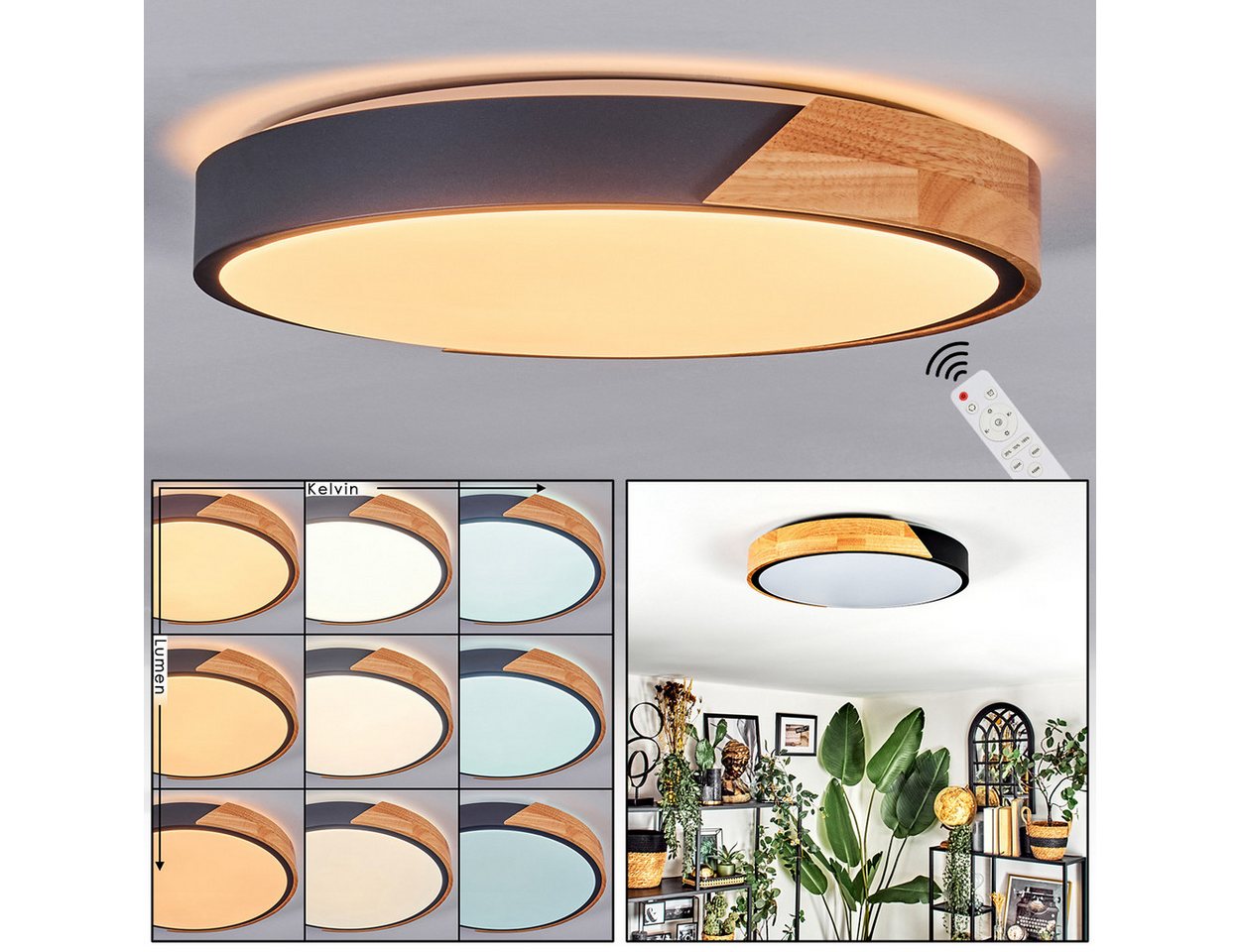 hofstein Deckenleuchte Deckenlampe aus Metall/Holz/Kunststoff in Natur/Schwarz/Weiß, ohne Leuchtmittel, Leuchte im moderne Design (39 cm), CCT einstellbar, Fernbedienung Bild 3