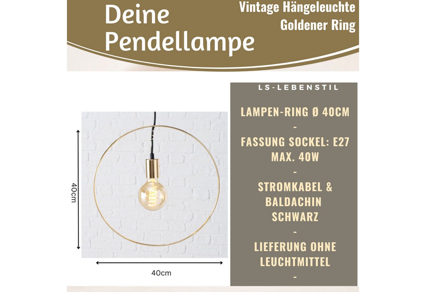 LS-LebenStil Pendelleuchte Deckenleuchte Ring Gold 40cm E27 Rund Hängelampe Hängeleuchte, Ein-/Ausschalter, E27, ohne Leuchtmittel, Deckenlampe - von der Decke hängend Bild 4