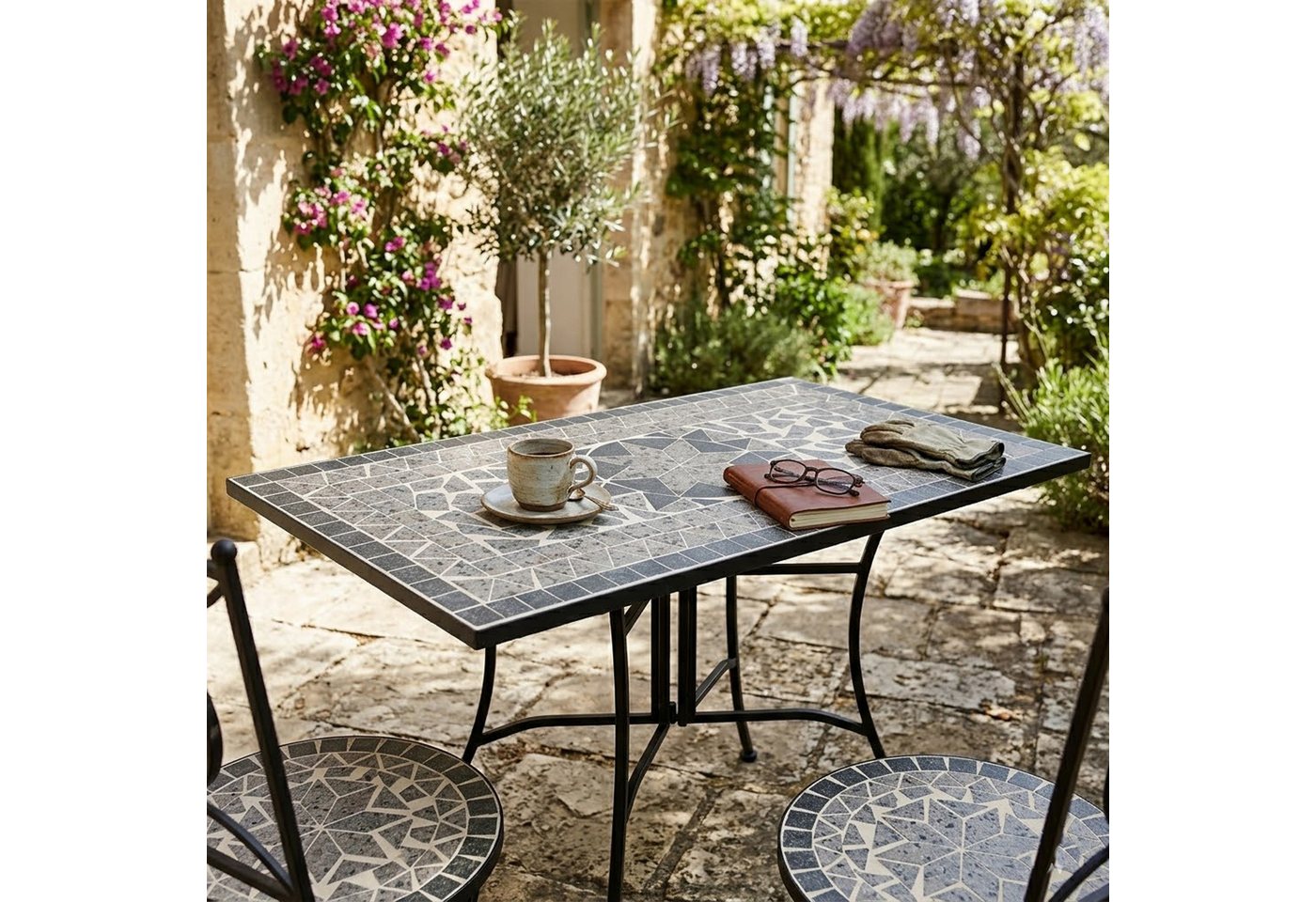 TPFGarden Gartentisch DERBY (Wandtisch - rechteckiger Mosaiktisch in grau/weiss, Hochwertiges Gestell aus schwarz pulverbeschichtetem Eisen), Outdoor Esstisch - Terrassentisch - Maße (BxHxT): 90 x 75 x 45 cm