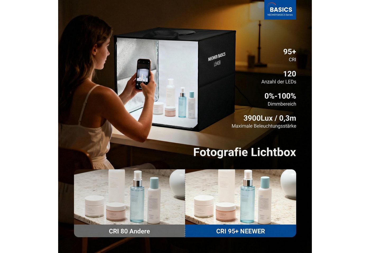 Neewer Fotostudio-Box LB40B, 40x40x40cm Fotostudio Light Box, mit 6 farbigen Hintergründen, zweifarbiges Photo Lichtzelt, 120 LEDs CRI95+ dimmbar Fotobox Bild 5