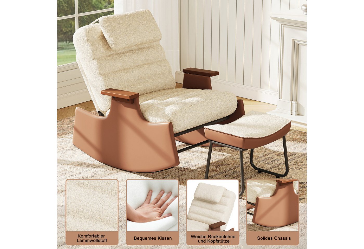 BELUPAI Schaukelstuhl Polster Schaukelsessel, (Set, 1 St), mit Hocker und 3-stufia verstellbare Rückenlehne,Teddystoff,Beige