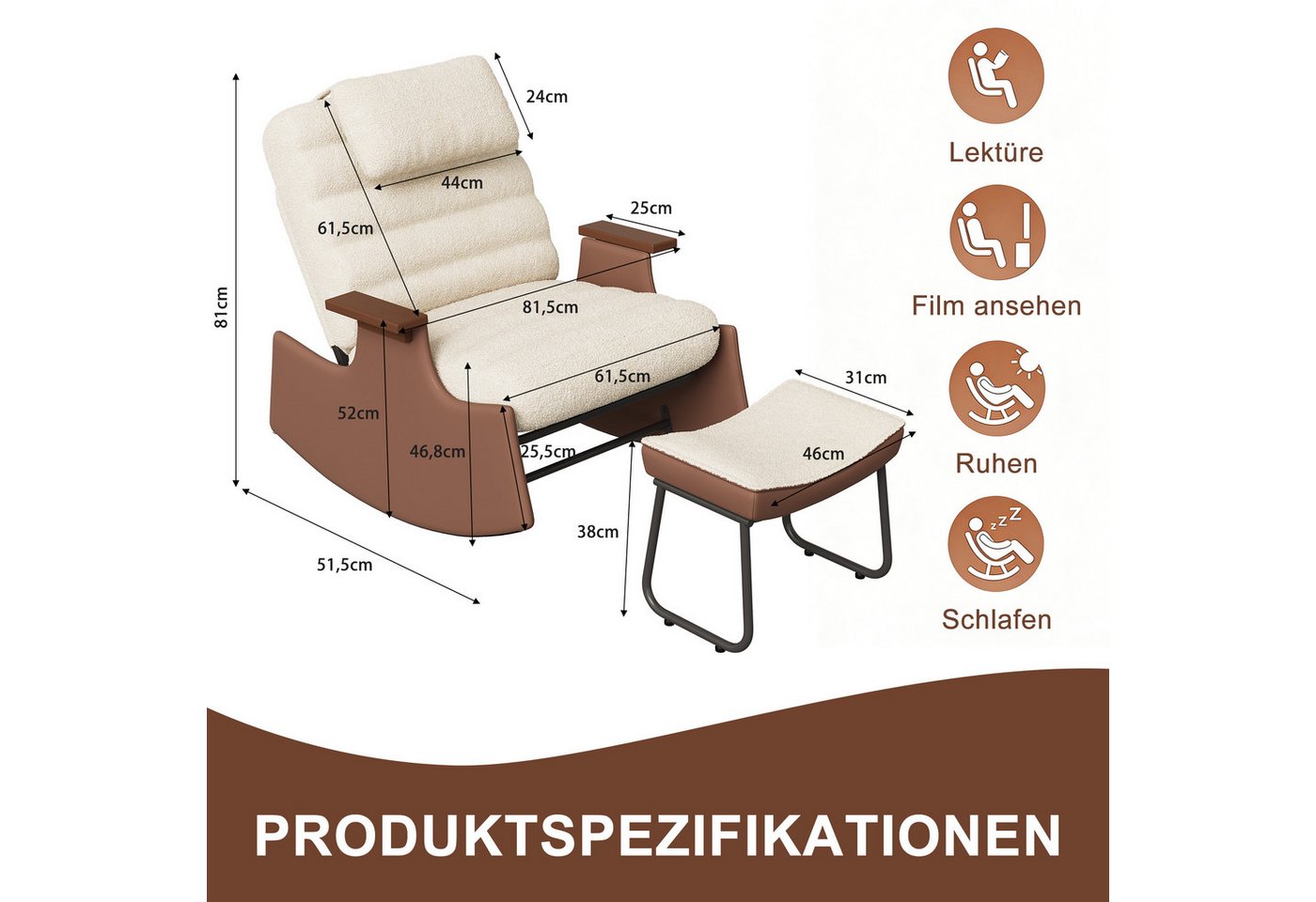 BELUPAI Schaukelstuhl Polster Schaukelsessel, (Set, 1 St), mit Hocker und 3-stufia verstellbare Rückenlehne,Teddystoff,Beige Bild 2