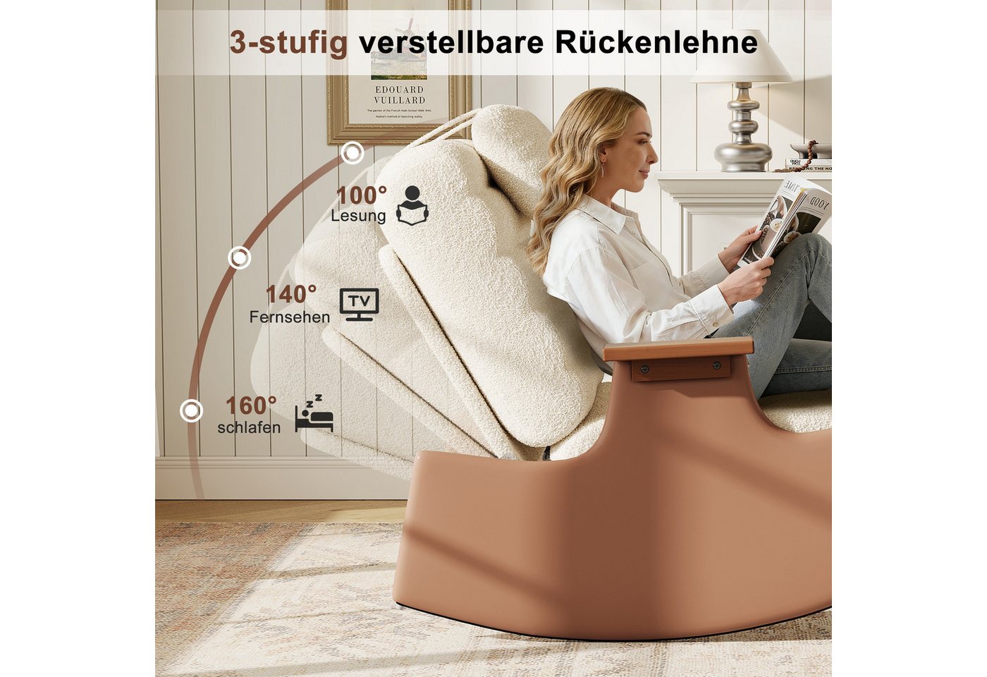 BELUPAI Schaukelstuhl Polster Schaukelsessel, (Set, 1 St), mit Hocker und 3-stufia verstellbare Rückenlehne,Teddystoff,Beige Bild 3