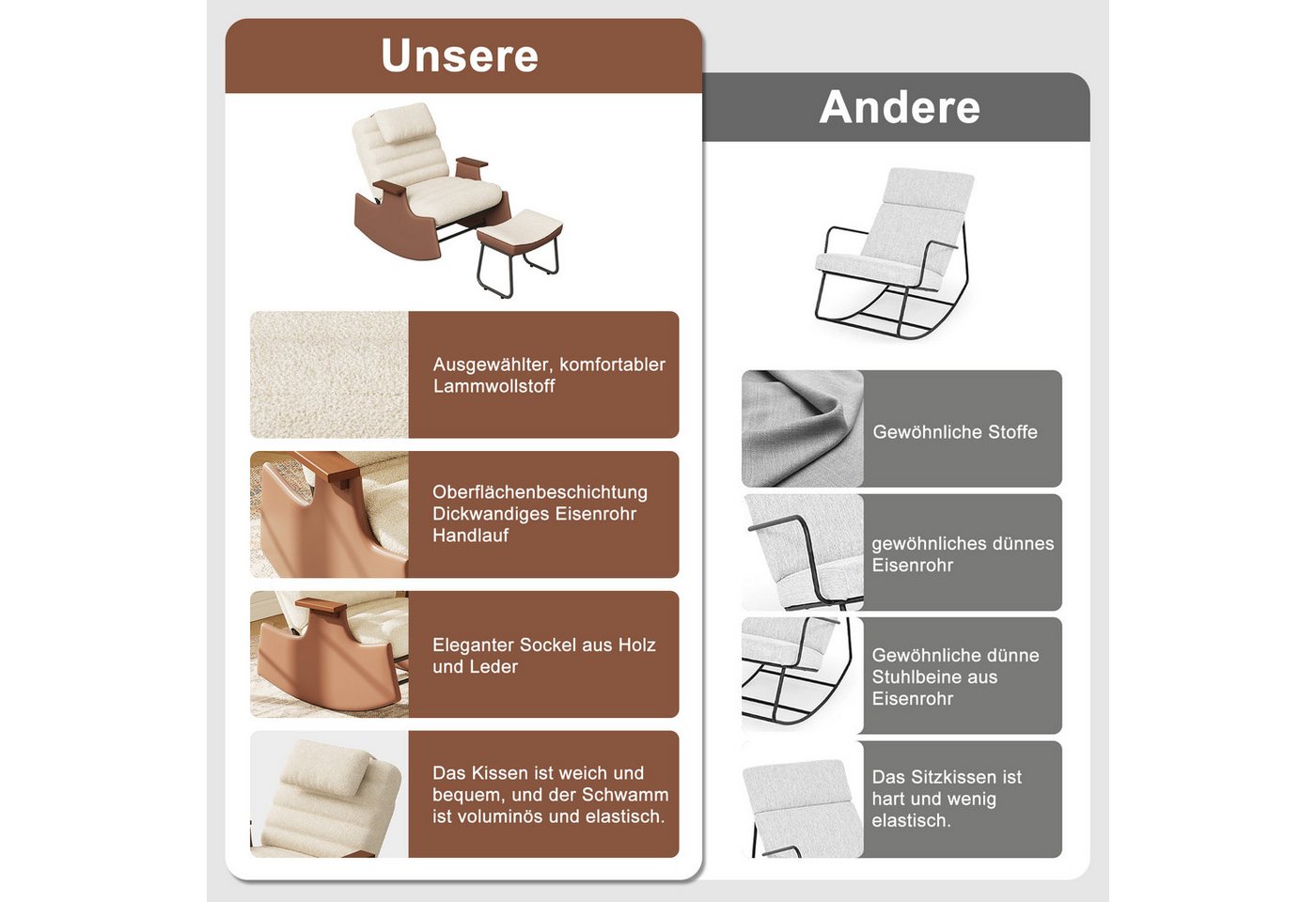 BELUPAI Schaukelstuhl Polster Schaukelsessel, (Set, 1 St), mit Hocker und 3-stufia verstellbare Rückenlehne,Teddystoff,Beige Bild 4