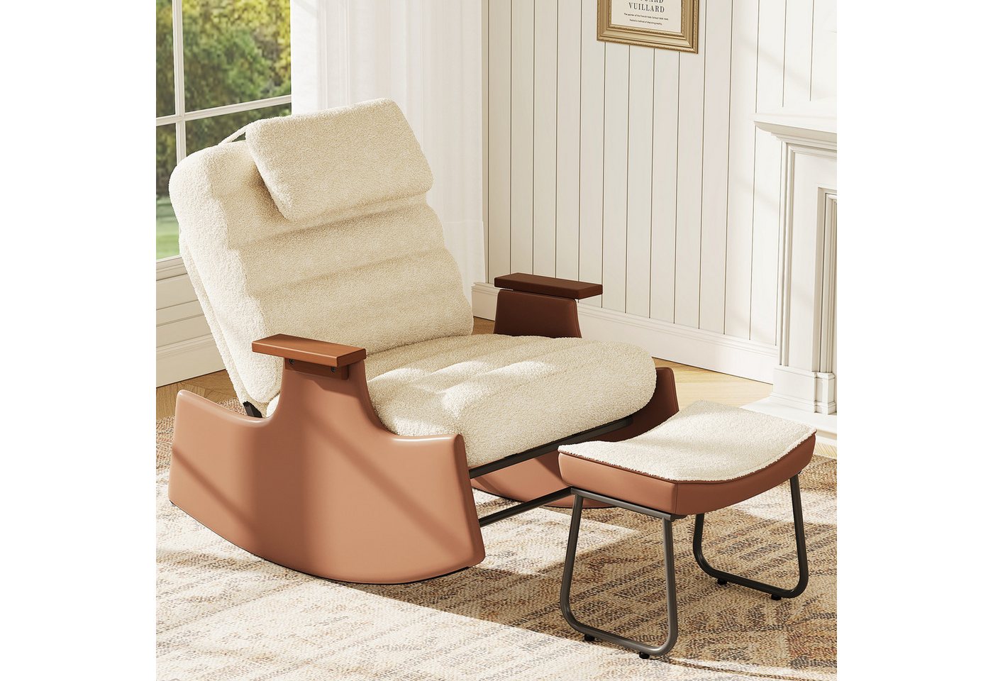 BELUPAI Schaukelstuhl Polster Schaukelsessel, (Set, 1 St), mit Hocker und 3-stufia verstellbare Rückenlehne,Teddystoff,Beige Bild 5