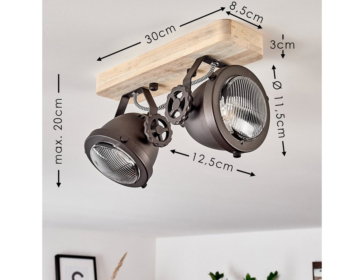 hofstein Deckenleuchte »Biati« verstellbare Deckenlampe, Metall/Holz/Glas, Schwarz-Braun, ohne Leuchtmittel, 2xGU10, max. 50 Watt, dreh-/schwenkbarer Spot im Retro Design, Natur Bild 2