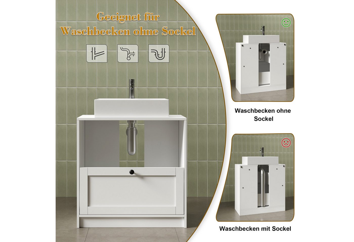 Hyaapwod Waschbeckenunterschrank Badezimmer Unterschrank mit Zwei Schubladen (1-St) 60 x 30 x 60 cm, Weiß Bild 2