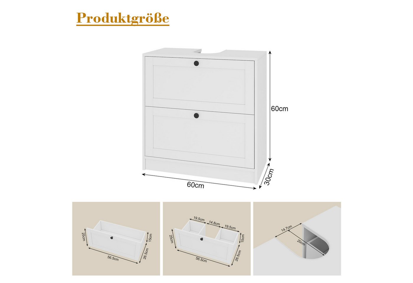 Hyaapwod Waschbeckenunterschrank Badezimmer Unterschrank mit Zwei Schubladen (1-St) 60 x 30 x 60 cm, Weiß Bild 3