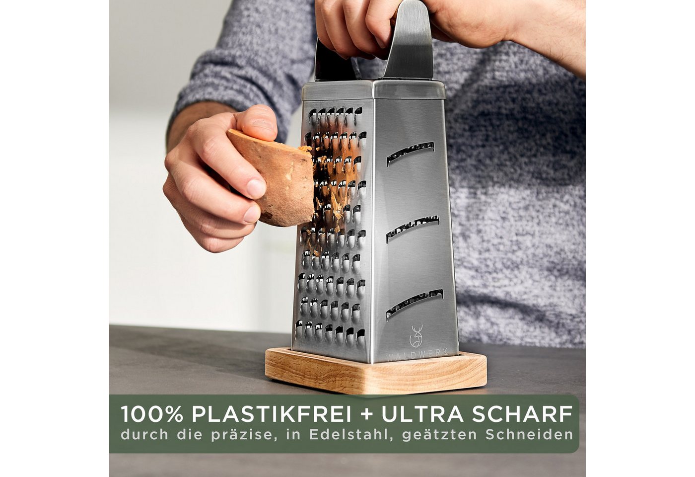 Waldwerk Vierkantreibe - Edelstahl Gemüsehobel - geätzten Schneiden - Echtholz Auffangbrett, Edelstahl, Plastikfreie Küchenreibe Bild 4