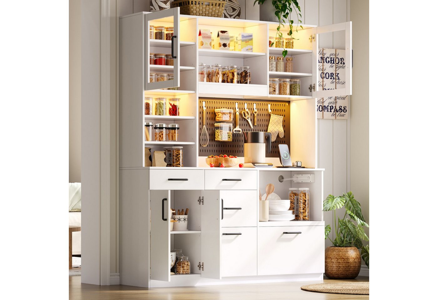 Flieks Küchenbuffet Hochschrank mit Arbeitsplatte, LED-Beleuchtung, Lochplatte, Steckdosen (B145/T40/H185 cm, 1-St) Küchenschrank Mehrzweckschrank mit verstellbare Einlegeböden Weiß